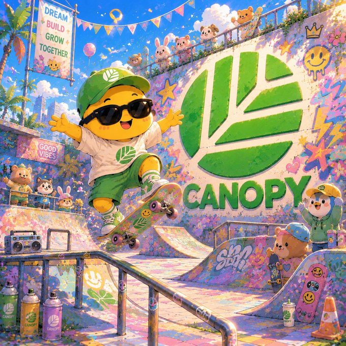 A vibrant digital illustration featuring a yellow character wearing sunglasses, a green cap, and a white t-shirt performing a skateboard trick in a graffiti-covered skatepark with the word 'CANOPY' prominently displayed on the wall.