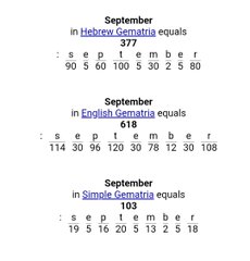 The image shows a gematria calculator displaying the numerical value of "September" in three different encoding systems—Hebrew Gematria (377), English Gematria (618), and Simple Gematria (103)—each with its corresponding letter-value breakdown listed beneath the word. This visual supports the post's reference to "September" gematria calculations, likely used to associate numeric symbolism with the "XRP Boom."