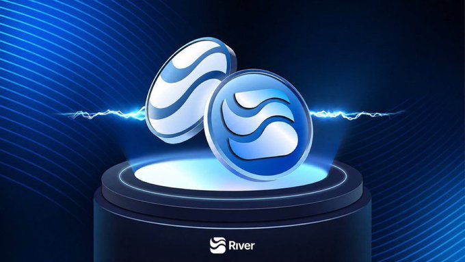 Two glowing 3D tokens bearing the "River" wave logo are dramatically spotlighted on a pedestal with electric blue energy arcing behind them, visually echoing the post's highlight of River's $RIVER system and its Omni CDP model bridging collateral and cross-chain satUSD liquidity.