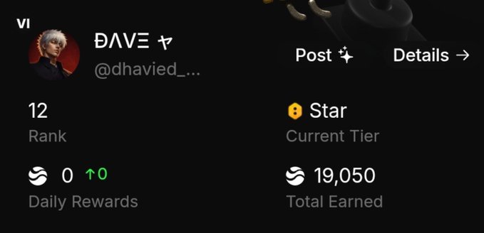 A profile interface for a user named 'DAVE' (@dhavied___..) with a Rank of 12, Star Current Tier, 0 Daily Rewards, and 19,050 Total Earned.
