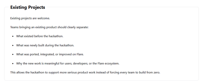 The image shows a section titled "Existing Projects" that outlines guidelines for the Flare Summer Signal hackathon, explaining that existing products are welcome if teams clearly separate what existed before, what was newly built, and what was ported or improved on Flare. This visual directly reinforces the post's message that participants don't need to start from scratch—the structured list in the image mirrors the submission requirements highlighted in the text, emphasizing that meaningful contributions to the Flare ecosystem can come from enhancing pre-existing work.