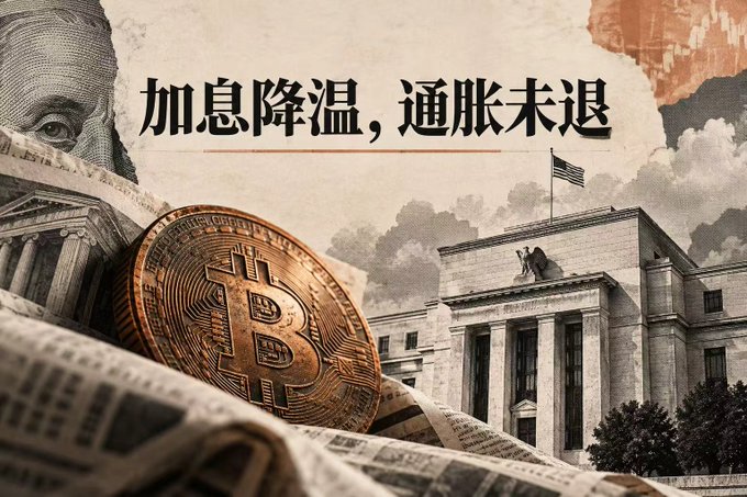 A graphic with Chinese text "加息降温，通胀未退" featuring a Bitcoin coin, US currency, and the Federal Reserve building.