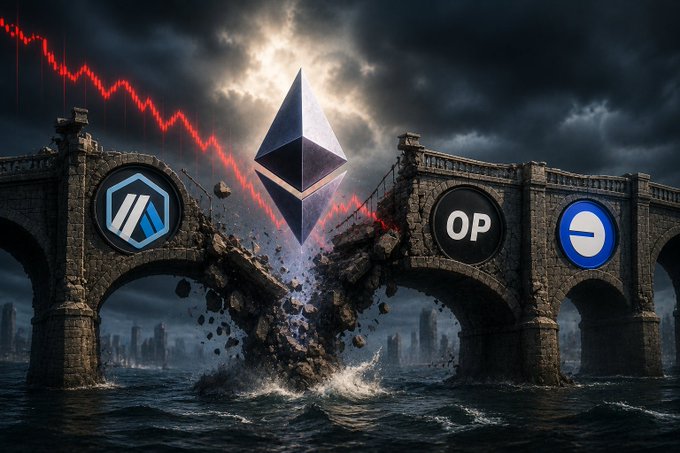 A dramatic digital artwork depicts a collapsing stone bridge splitting apart, with the Ethereum logo rising between the broken halves alongside falling prices and logos for Arbitrum, Optimism (OP), and a blue coin.