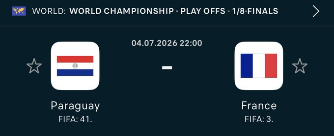 The image shows a World Championship Playoffs 1/8-finals matchup between Paraguay (FIFA rank 41) and France (FIFA rank 3), scheduled for 04.07.2026 at 22:00, with the score currently tied at 0-0. It serves as a promotional graphic for a prediction contest where $500 will be split among 50 people who correctly forecast the outcome of this match.