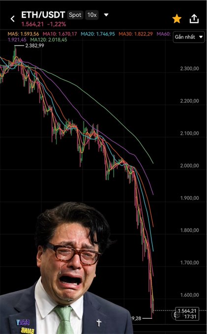 The image shows a man with glasses wearing a suit and tie, crying at the bottom of a graph that displays a downward trend, symbolizing a financial decline or decrease. The caption above the image reads "The most miserable man right now No one can endure more pain than you After the queen got hooked onETH and it dropped back to 1.5k The unrealized losses Bitmine' s shouldering right now are over 10 billion dollars Poor Tom, who can save you now". This post suggests that there is a decline in cryptocurrency value, likely due to speculation or market fluctuations, and this is affecting real people who could potentially lose their assets as a result of the downward trend.