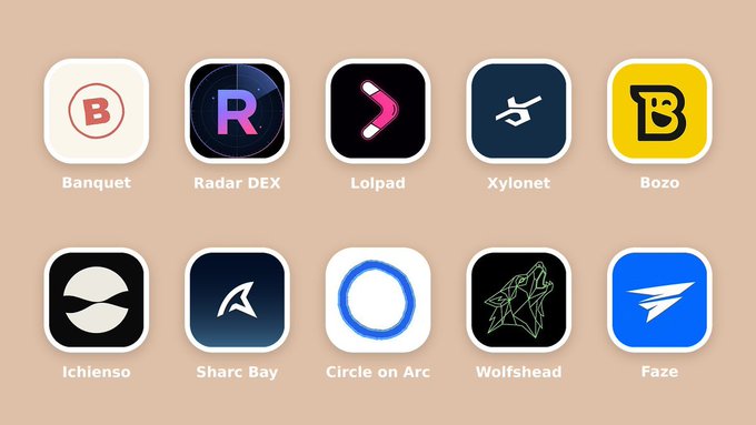 A grid of ten app icons on a tan background featuring various logos and names including Banquet, Radar DEX, Lolpad, Xylonet, Bozo, Ichlenso, Sharc Bay, Circle on Arc, Wolfshead, and Faze.