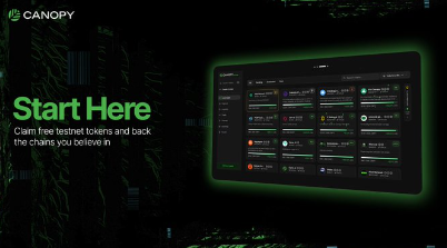 A landing page or homepage for a platform called 'CANOPY' with the text 'Start Here: Claim free testnet tokens and back the chains you believe in', showing a dashboard interface.