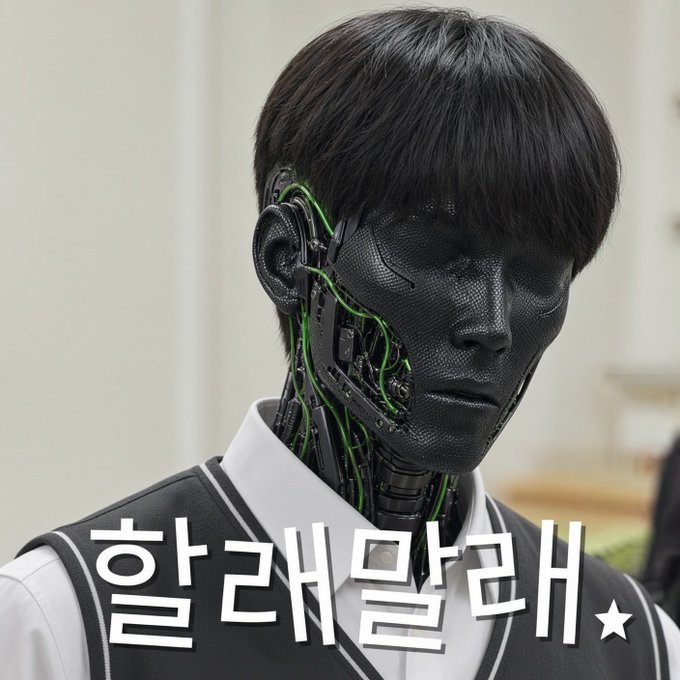 A robot with a metallic black face and exposed green wiring wearing a school uniform, with Korean text '할래말래' (Dallae Malrae) displayed below.