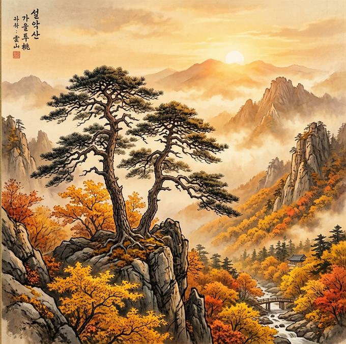 A traditional East Asian mountain landscape depicts twisted pine trees on rocky cliffs, autumn foliage, misty peaks, a rising or setting sun, and a distant pavilion. Korean calligraphy appears in the upper left, while the unrelated accompanying post discusses OpenSea, DUNAMU/두나무, Upbit/업비트, and the GIWA L2 ecosystem.