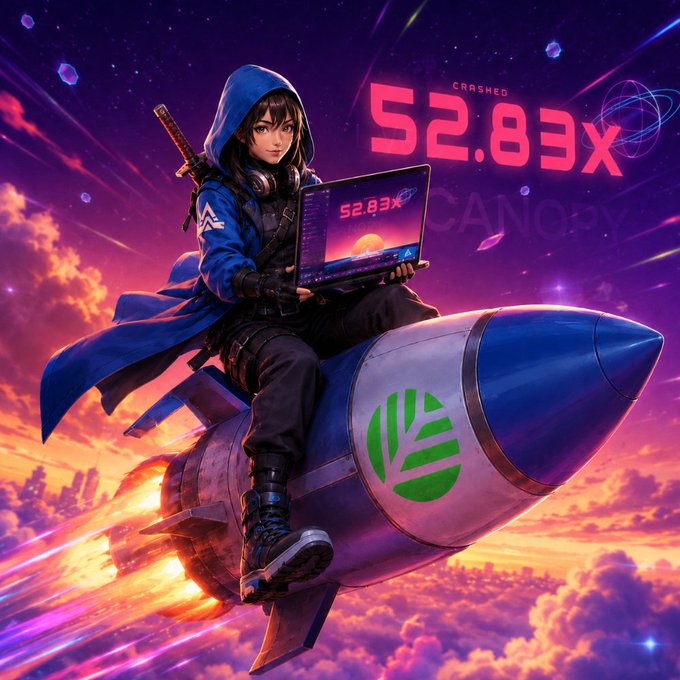 Anime-style illustration of a hooded character sitting on a rocket bearing the Canopy logo, holding a laptop showing '52.83x' with 'CRASHED' displayed in the sky above.