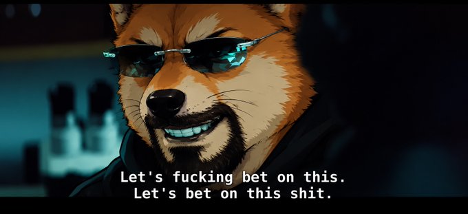 An animated meme featuring a smiling Shiba Inu dog wearing futuristic blue sunglasses with the subtitle 'Let's fucking bet on this. Let's bet on this shit.'