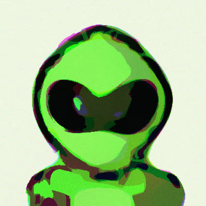 A stylized digital illustration of a green alien with large black almond-shaped eyes in a glitch art style.