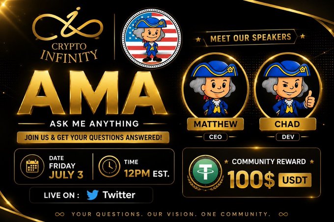 Promotional graphic for Crypto Infinity's AMA session featuring speakers Matthew (CEO) and Chad (DEV), scheduled for Friday, July 3 at 12PM EST on Twitter/X with a 100 USDT community reward. The image directly illustrates the announcement's event details, branding, and incentive structure to encourage community participation and question submissions.
