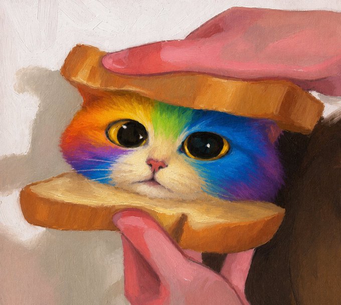 A painting showing a kitten with brightly colored, rainbow-patterned fur being held between two slices of bread by human hands.