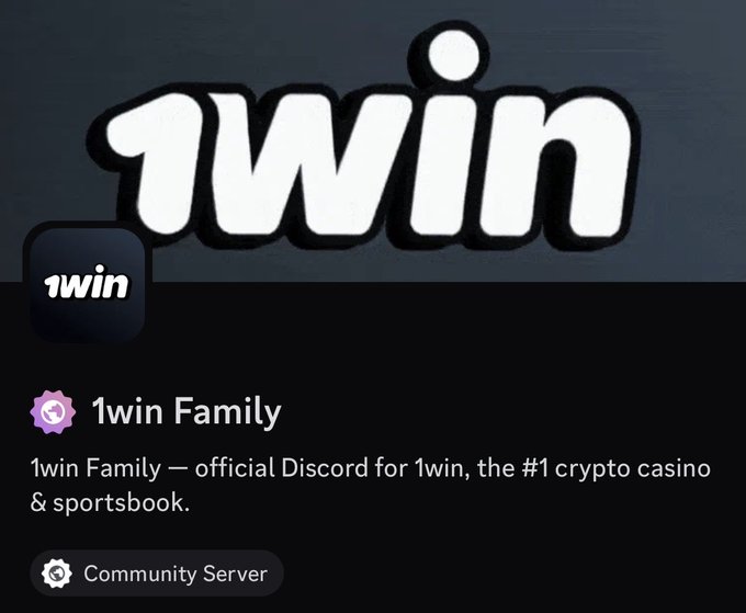 Discord server profile for '1win Family', described as the official Discord for 1win, the #1 crypto casino & sportsbook.