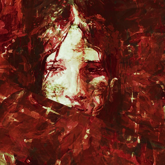 An abstract, heavily textured painting rendered in crimson red and pale yellow tones, depicting distorted facial features.