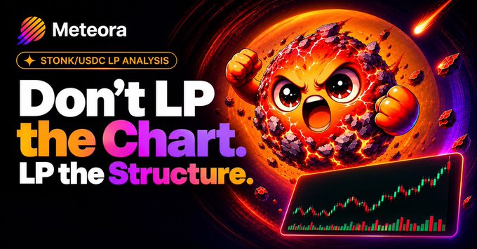 A Meteora promotional graphic featuring a fiery, cartoon-style cracked planet character alongside bold text reading "Don't LP the Chart, LP the Structure," promoting analysis of the STONK/USDC liquidity pool with a candlestick chart in the corner.