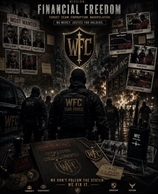 A dark and moody poster for "Financial Freedom" features a group of people, a shield, and various objects such as a car, building, and book, with the title prominently displayed at the top.