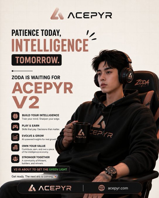 Promotional poster for ACEPYR V2 featuring a young man in a black ACEPYR hoodie and headset, holding a mug. Text includes 'PATIENCE TODAY, INTELLIGENCE TOMORROW', 'ZODA IS WAITING FOR ACEPYR V2', and features like 'BUILD YOUR INTELLIGENCE' and 'PLAY & EARN' with the website acepyr.com.
