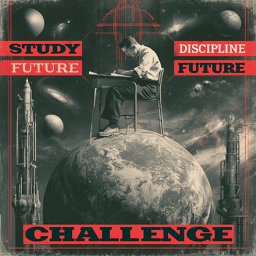 A retro-styled, high-contrast poster featuring a student sitting at a desk atop a globe, surrounded by space imagery and rockets, with bold red text boxes reading 'STUDY', 'DISCIPLINE', 'FUTURE', 'FUTURE', and 'CHALLENGE'.