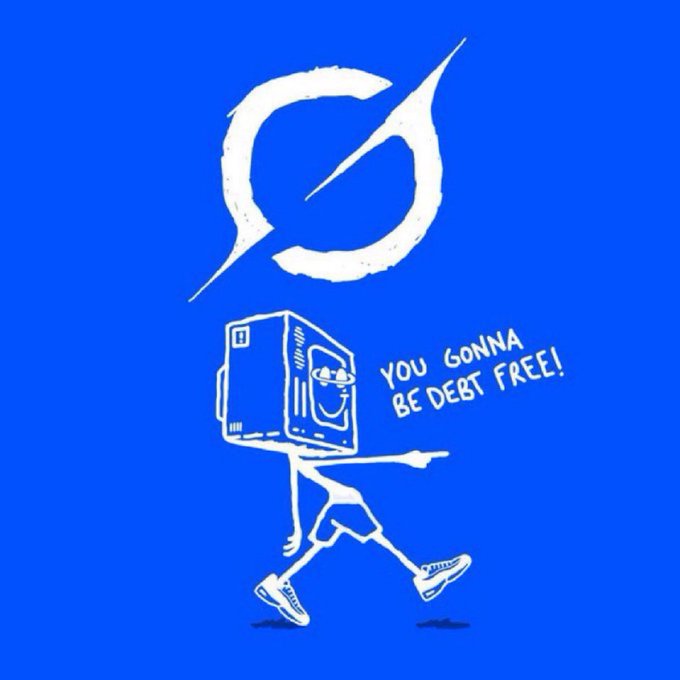 A blue illustration featuring the Ox cryptocurrency logo above a cartoon ATM character walking and pointing with the text 'YOU GONNA BE DEBT FREE!'