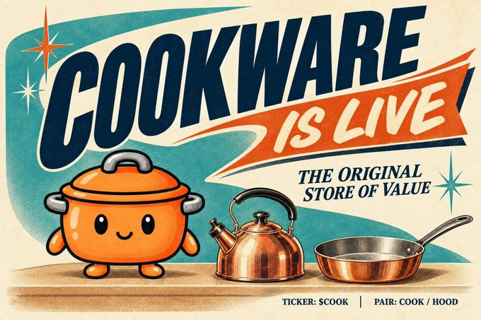 A retro-style promotional graphic for "$COOK" features a cute cartoon copper pot alongside a copper kettle and skillet, with bold text announcing "COOKWARE IS LIVE" and "THE ORIGINAL STORE OF VALUE," directly tying to Vlad Tenev's family story of using copper cookware as a store of value during Bulgarian hyperinflation.