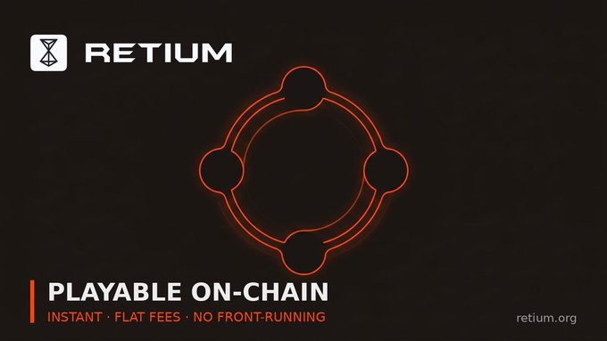 Advertisement for 'RETIUM' featuring a red circular logo and text reading 'PLAYABLE ON-CHAIN INSTANT · FLAT FEES · NO FRONT-RUNNING retium.org'.