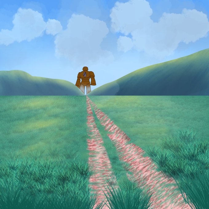 Digital illustration of a figure in an orange jacket walking away through a grassy field with dirt path tracks, beneath a blue sky with clouds.
