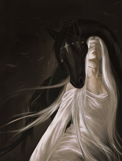 A pale woman with long white hair and a blindfold stands beside a dark horse with star-shaped markings, evoking themes of vulnerability and surrender. The ethereal, somber mood of the digital artwork mirrors the post's haunting tone, tying into the title "Inner Eclipse."