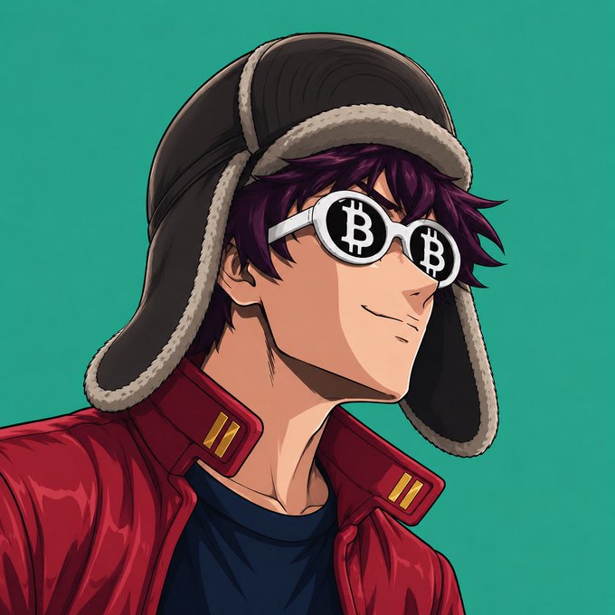 Anime-style illustration of a character with purple hair wearing a fur-lined ushanka hat and Bitcoin-logo sunglasses, dressed in a red jacket with gold buttons, against a teal background.