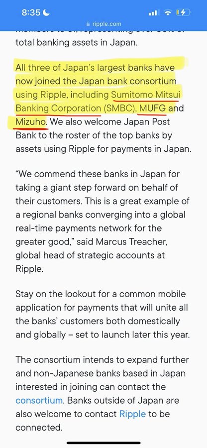 The image shows a text box containing information about Japan's largest banks, which have decided to use Ripple's payment technology due to its perceived benefits for cross-border banking operations. The main focus of this discussion appears to be Bitcoin, as Ripple has been described as supporting Bitcoin and other cryptocurrencies.