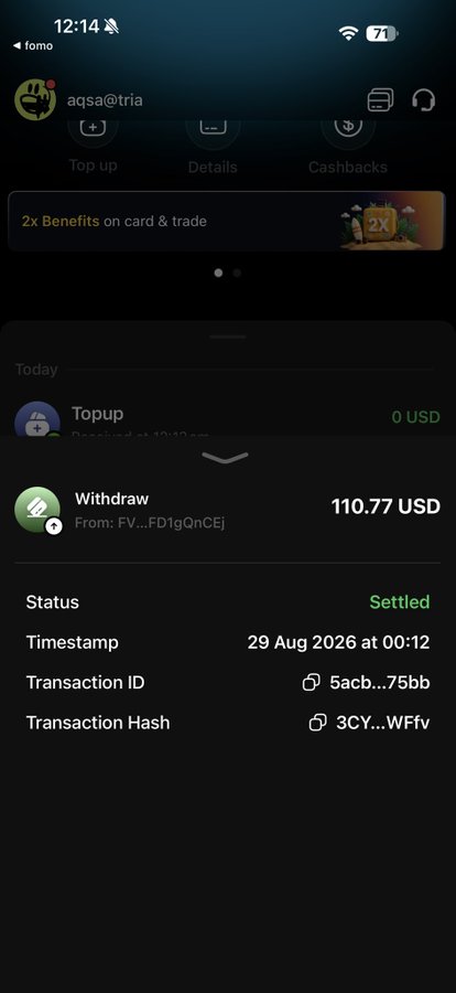A mobile wallet screenshot from 'aqsa@tria' shows a settled withdrawal of 110.77 USD dated 29 Aug 2026 at 00:12, with transaction ID and hash details.