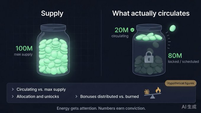 A dark infographic contrasts “Supply” of 100M maximum with “What actually circulates,” showing 20M circulating and 80M locked or scheduled, labeled as hypothetical figures.