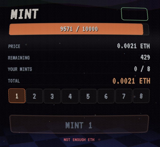 A digital 'MINT' interface shows a progress bar at '9571 / 10000', a price of '0.0021 ETH', '429' remaining, and a 'NOT ENOUGH ETH' error message at the bottom.