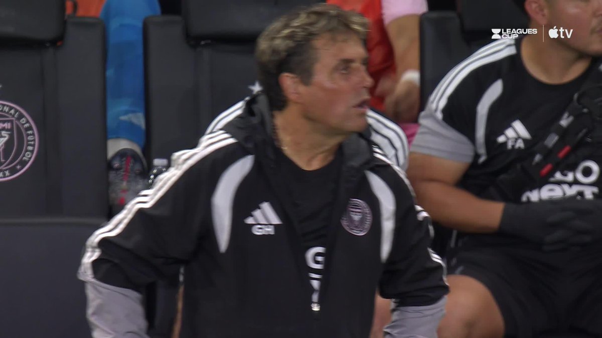 Inter Miami head coach Gerardo "Tata" Martino watches from the sidelines during a Leagues Cup match, as broadcast on Apple TV, with the game tied 2-2 following Yannick Bright's goal and Juan Domínguez's quick equalizer.