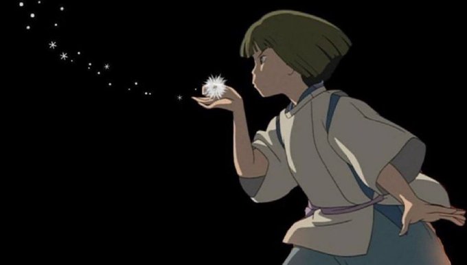 An animated scene featuring a green-haired character holding a glowing white flower that releases spark-like particles into the dark air, resembling art from a Studio Ghibli film.