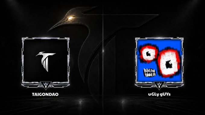 The image features a black background with two logos displayed side by side in white. The logo for TaigonDAO is positioned at the top of the frame, while the logo for uGLy gUYs appears below it. Both logos are related to an art collective project called NFTs (NFT stands for Non-Fungible token), and they showcase abstract, distorted, and imperfect guys. The text in the image indicates that this collaboration is exciting and the post is about the collection's details such as its total supply, mint price, and launch date on Ethereum.