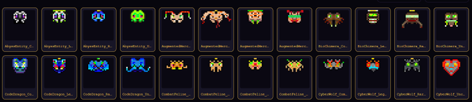 A screenshot showing a grid of colorful pixel-art spaceship icons arranged in two rows against a dark background, with partially visible labels like 'AlphaAlility', 'AugmentedHer...', 'BioClaimers', 'CodeDragon', 'CombatPolice', and 'CyberWolf' beneath each ship.