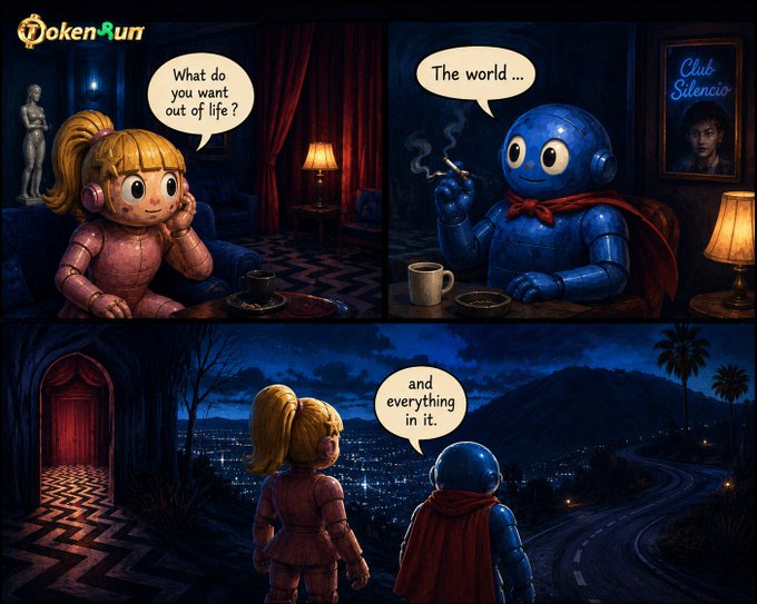 A three-panel comic strip shows a doll-like girl asking "What do you want out of life?" to a blue robot smoking a cigarette at Club Silencio, who responds "The world... and everything in it," as they then stand together overlooking a city at night.