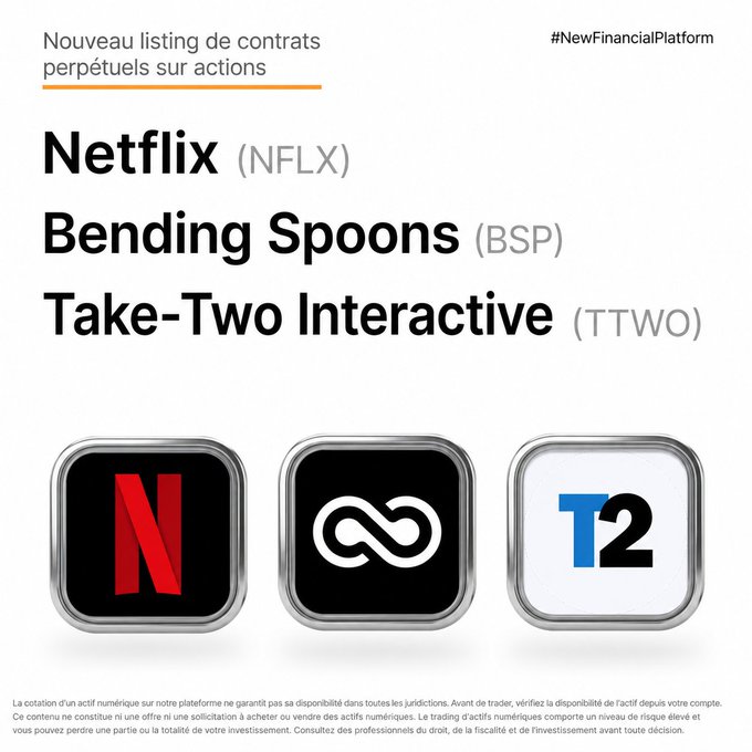An announcement for a new financial platform in French lists the addition of perpetual contracts on stocks: Netflix (NFLX), Bending Spoons (BSP), and Take-Two Interactive (TTWO), with their respective logos.