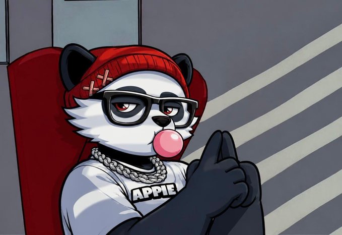 A cartoon panda wearing glasses, a red beanie, and a white shirt labeled "APPIE" sits in a red chair while blowing a pink bubble gum bubble and making a finger gun gesture, fitting the post's call to action for active commenters.