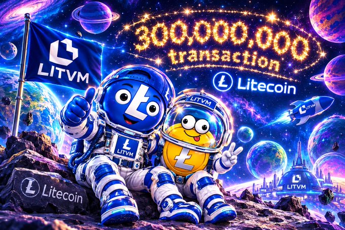 A promotional graphic celebrating '300,000,000 transaction' featuring two cartoon mascots (one blue for LITVM and one yellow for Litecoin) dressed as astronauts in a colorful space scene with planets and rockets.