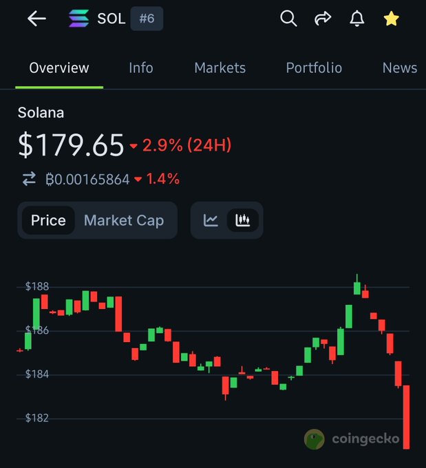 A cryptocurrency tracking app screenshot showing Solana (SOL) at #6 with a current price of $179.65, down 2.9% over 24 hours, alongside a candlestick chart on CoinGecko.