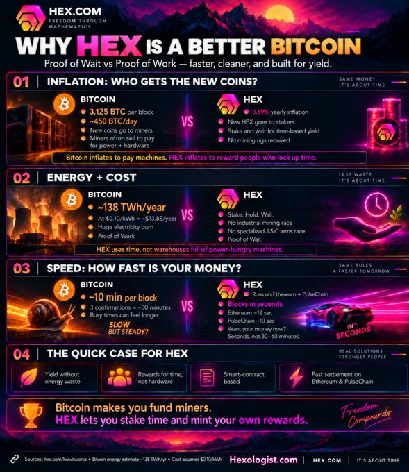 An infographic titled 'WHY HEX IS A BETTER BITCOIN' comparing the two cryptocurrencies across categories like inflation, energy, and speed, with the website 'Hexologist.com' at the bottom.