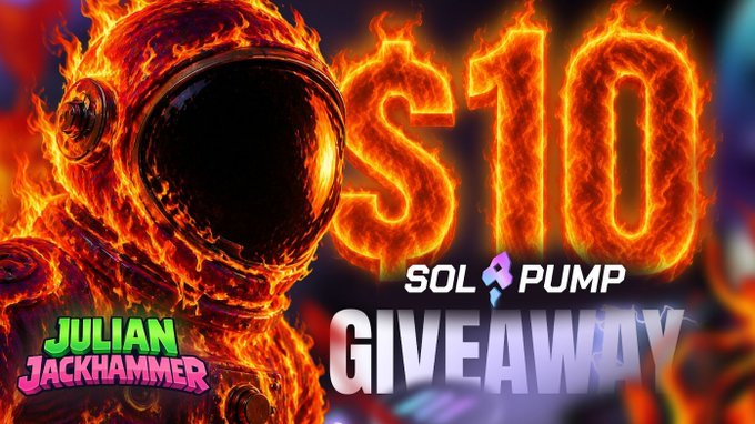 urn of fire with flames, $10 price tag, and text promoting a $10 Sol 4 Pump giveaway for Julian Jackhammer.