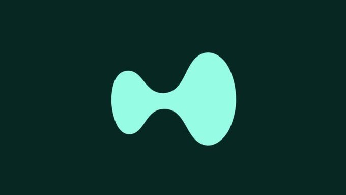 A minimalist teal abstract logo resembling a bone or dumbbell shape centered on a dark green background.