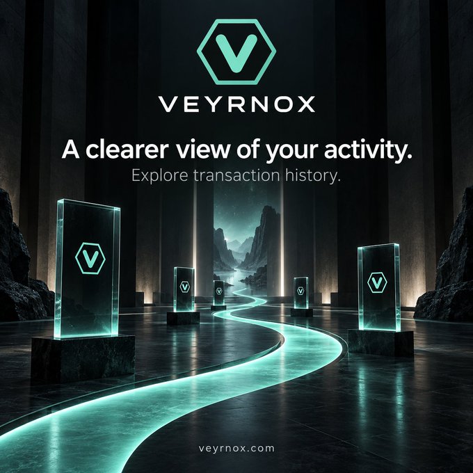 A promotional graphic for VEYRNOX features the tagline 'A clearer view of your activity. Explore transaction history.' with the website veyrnox.com.