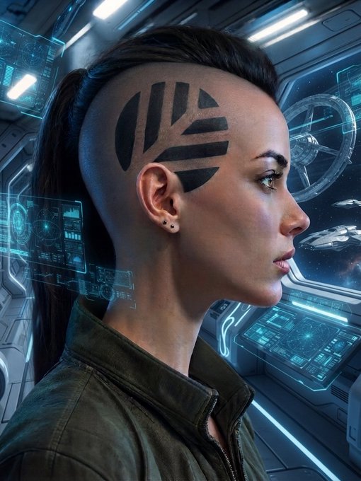 A profile portrait of a woman with an undercut hairstyle featuring bold black geometric head tattoos, set in a futuristic spaceship interior with blue holographic displays.