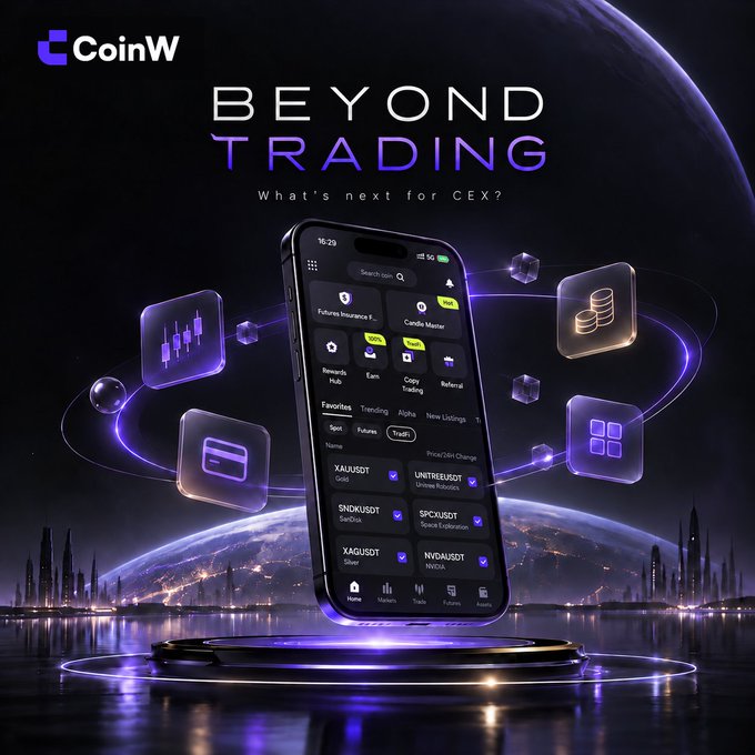 A promotional image for the CoinW cryptocurrency exchange displaying the tagline 'BEYOND TRADING - What's next for CEX?' alongside a smartphone showing the trading app interface surrounded by floating digital icons.