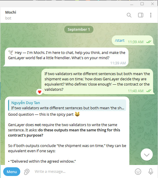 A Telegram chat with a bot named 'Mochi' discussing how GenLayer decides equivalent outputs when two validators write different sentences that share the same meaning.
